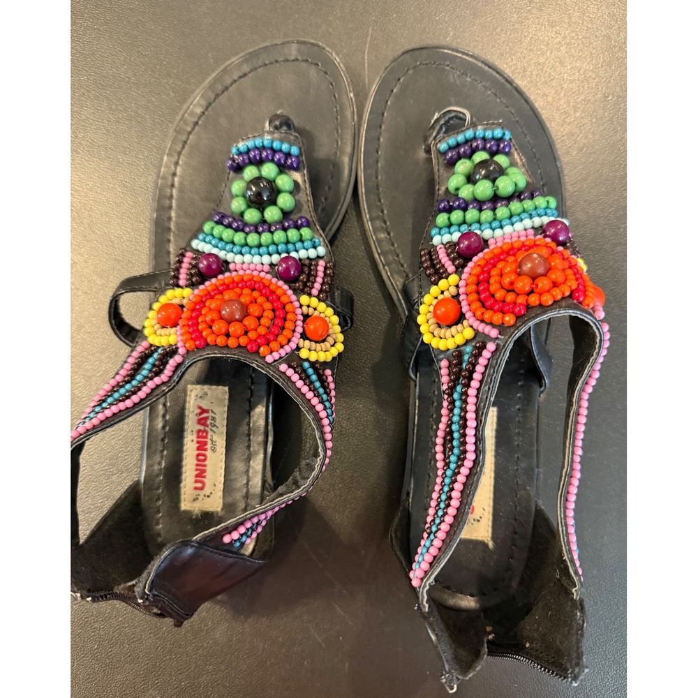 Unionbay Womens 8 Sandals Black Multi Color Beaded Bohemian Thong Back Zip Flat - Picture 6 of 9